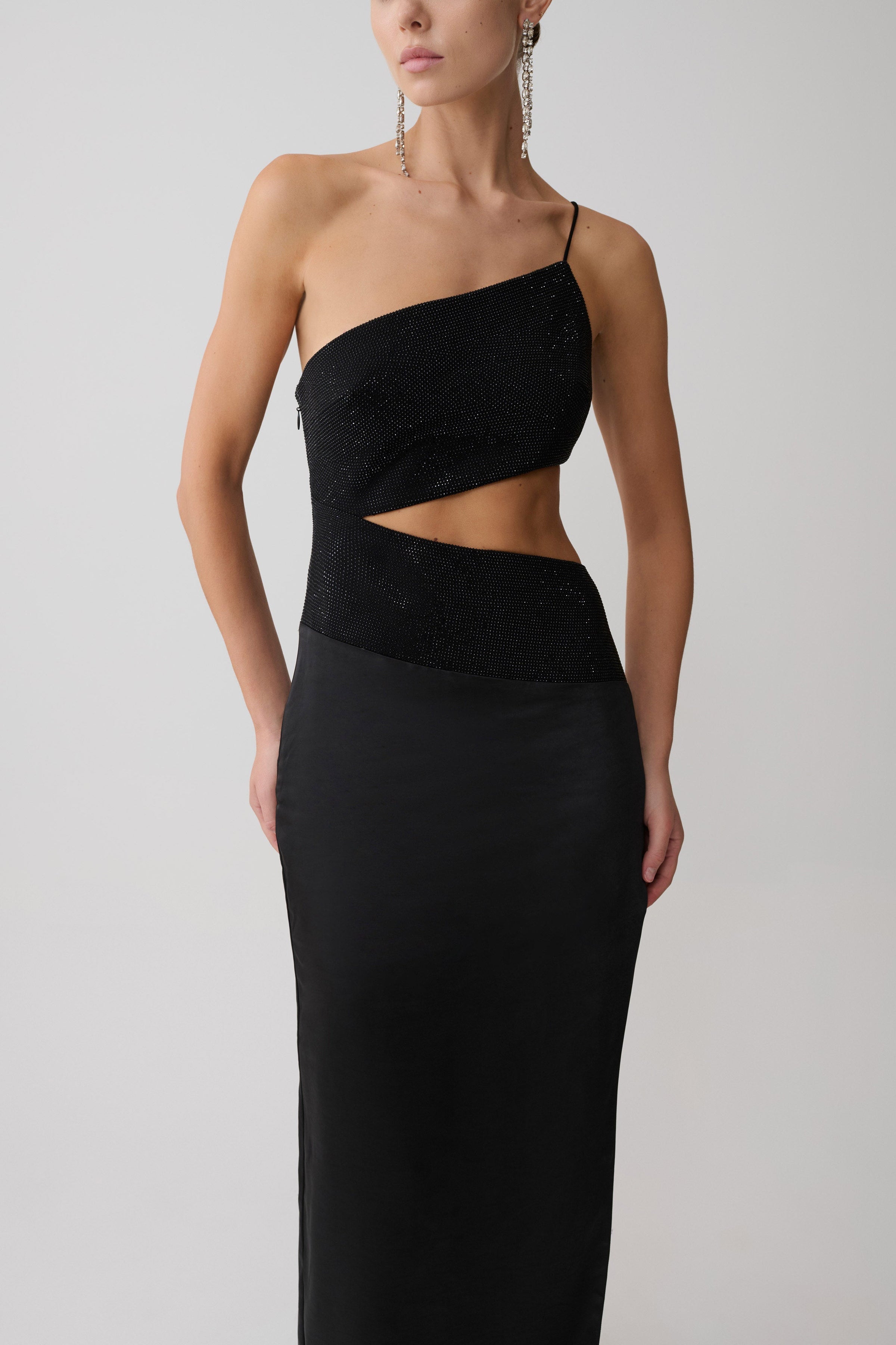 Athena One Shoulder Diamante Maxi Dress - Black