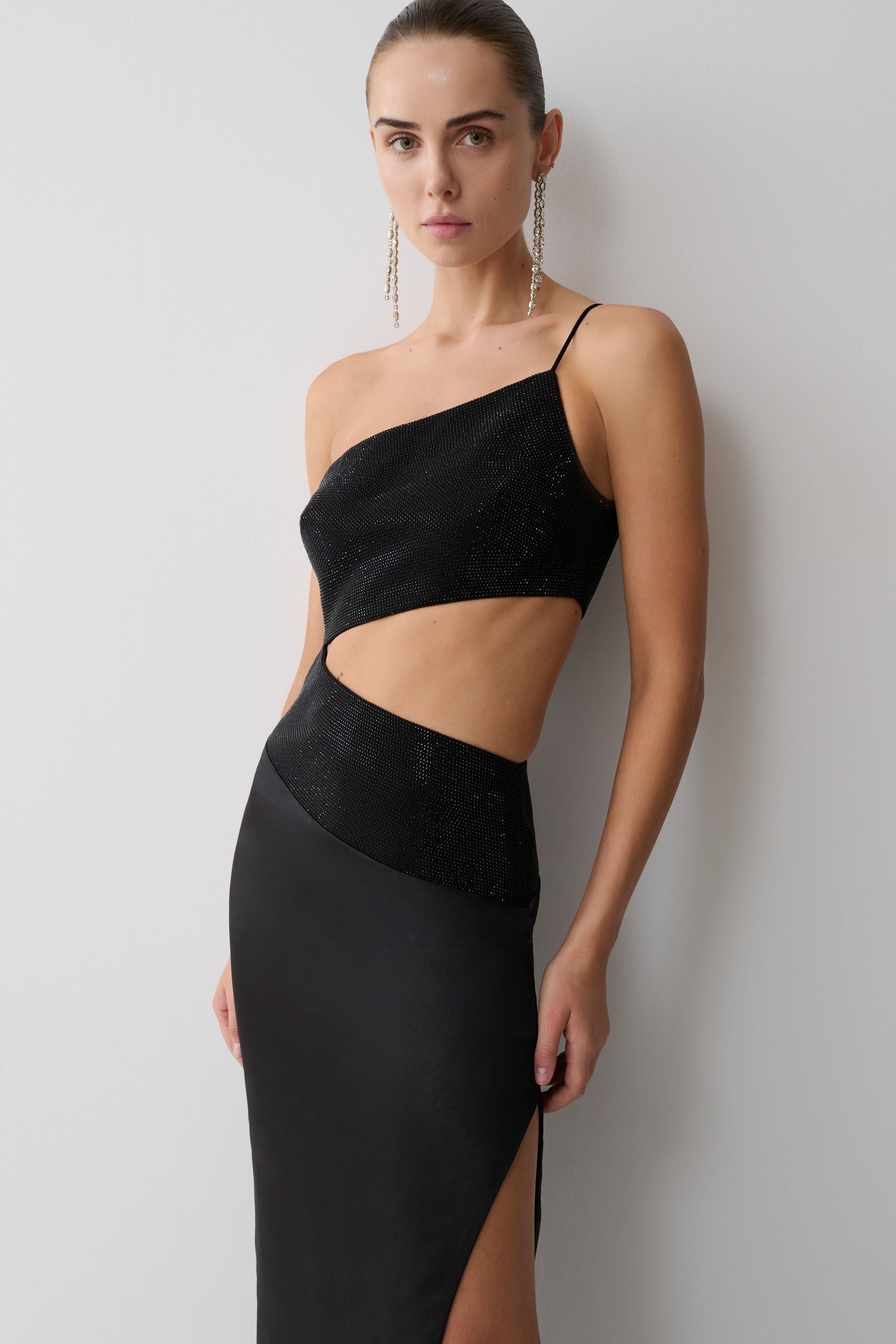 Athena One Shoulder Diamante Maxi Dress - Black