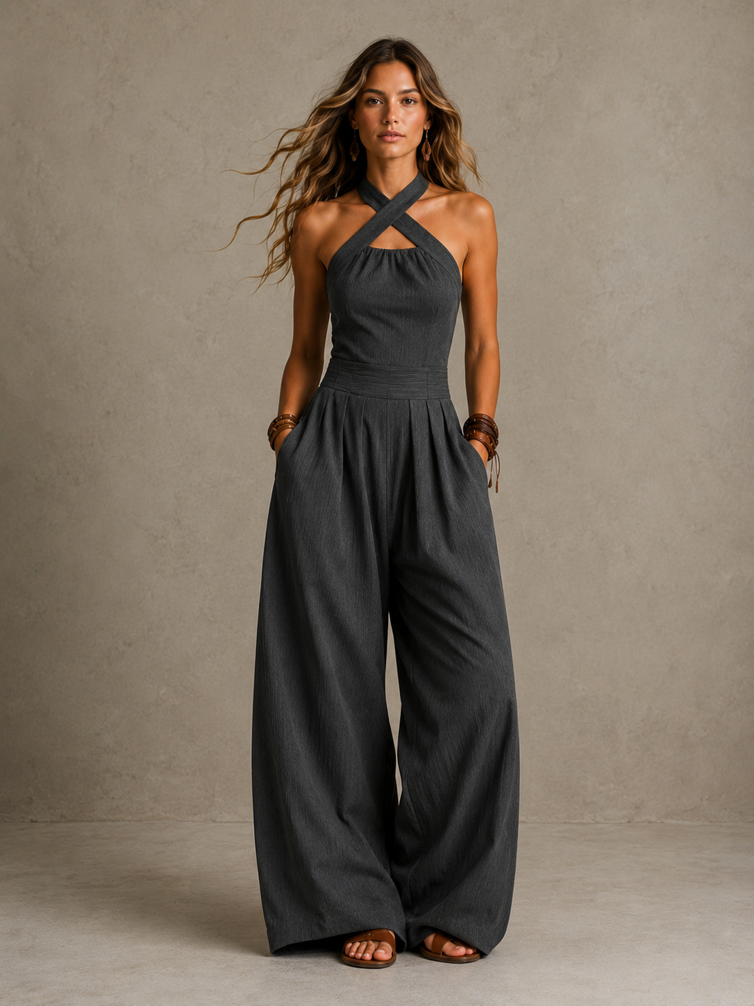 Bianca | Elegant linen jumpsuit with crossover neckline