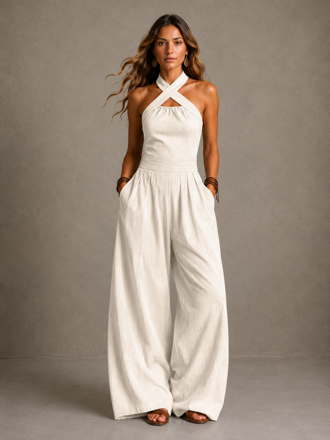 Bianca | Elegant linen jumpsuit with crossover neckline